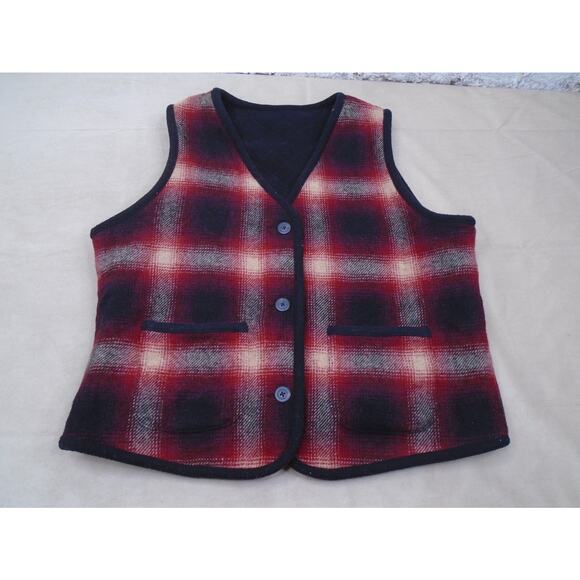 Womens Eddie Bauer Reversible Red Plaid wool Blend Button Pockets Large - Picture 1 of 6